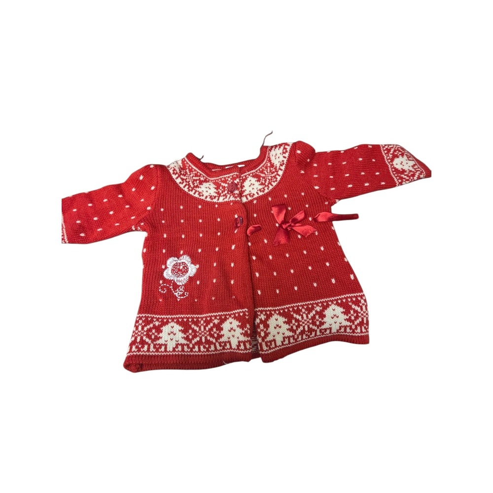 Nannette Baby Girls Red Christmas Tree Knit Cardigan Sweater Bow 12M